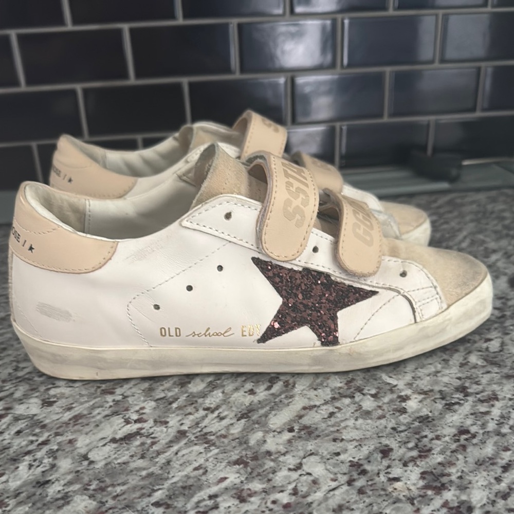 Golden Goose White and Beige Sneakers with Glitter Star